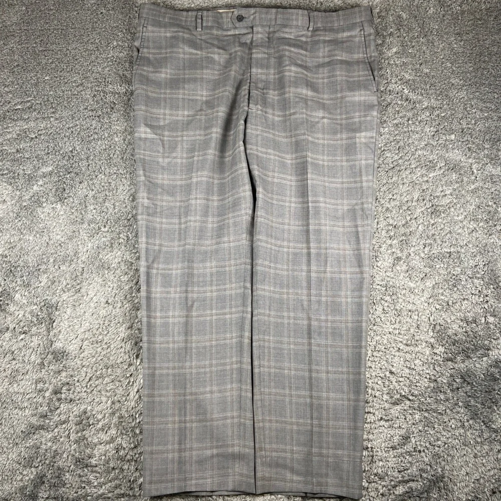 Joseph Abboud 2 Piece Suit Mens Blazer 48R Trouser 44x31 Grey Plaid Wool Preppy